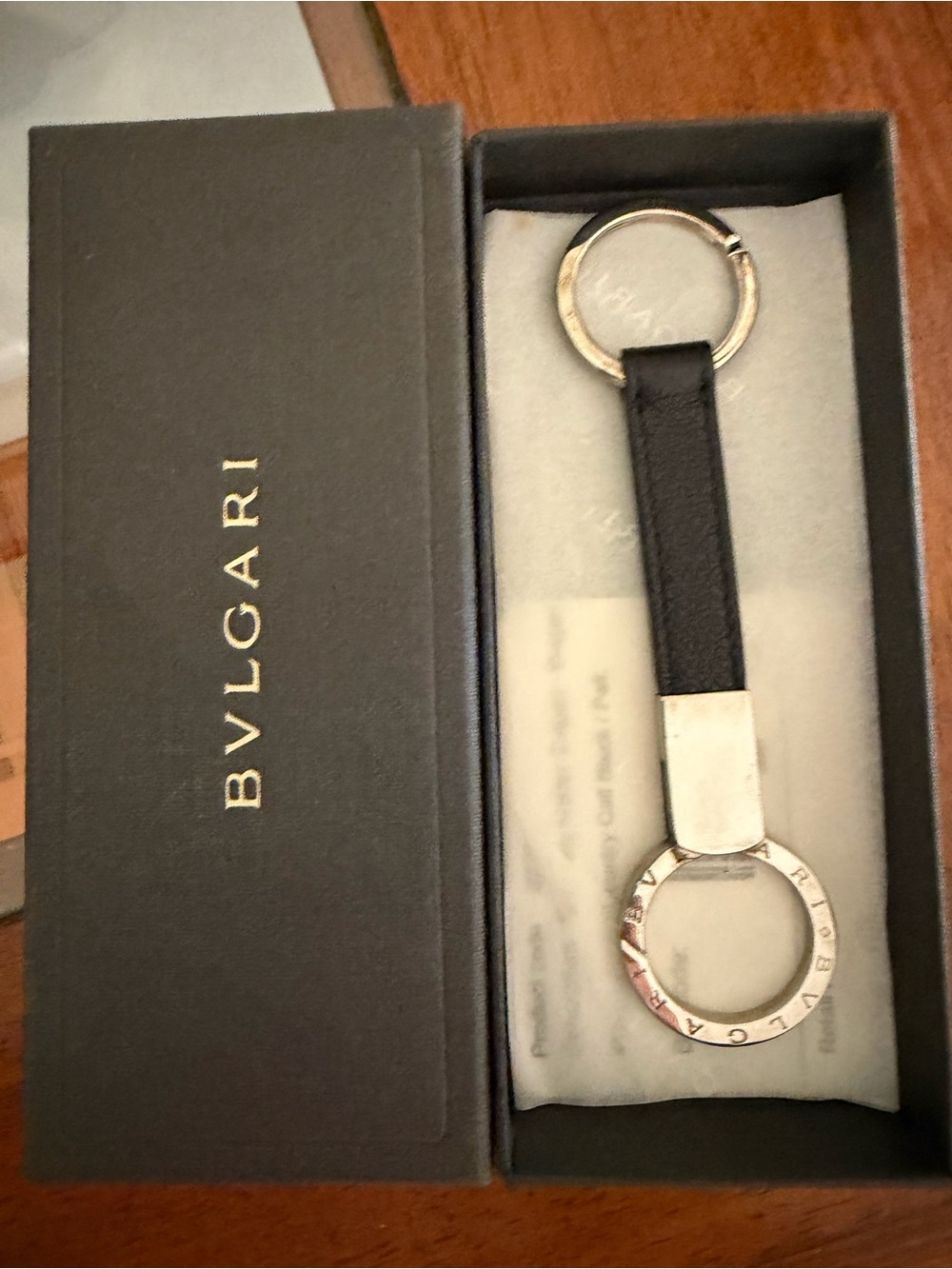 Bulgari Black Calf Leather Strap  22231 with Silver-Tone Engraved Dual Key Rings